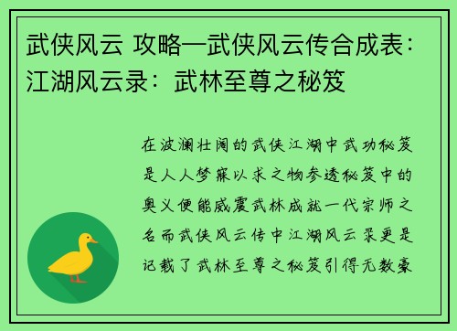 武侠风云 攻略—武侠风云传合成表：江湖风云录：武林至尊之秘笈